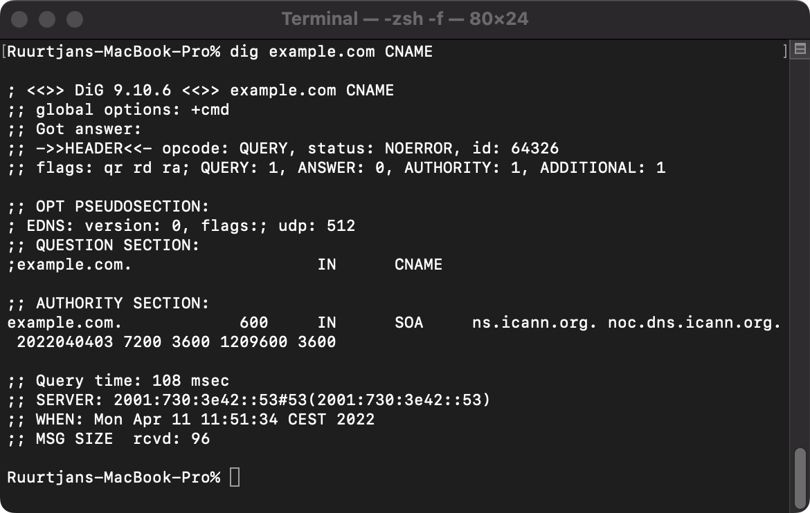 Example output of a CNAME lookup query