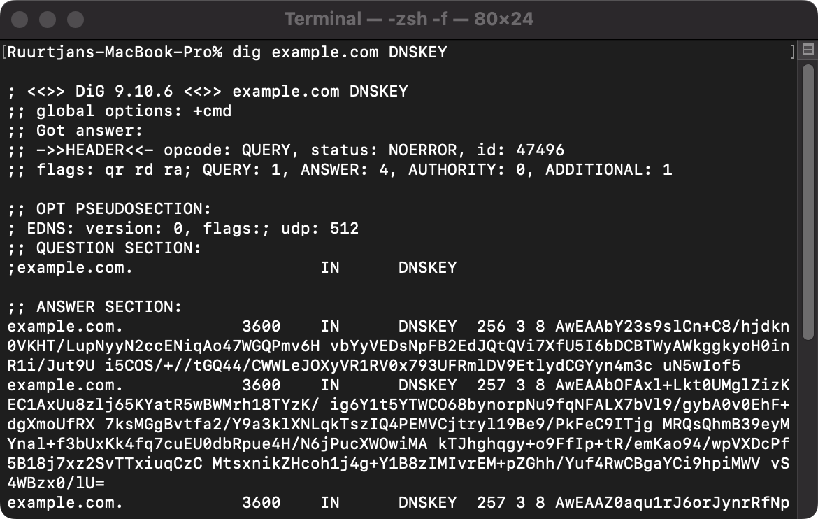 Example output of a DNSKEY lookup query