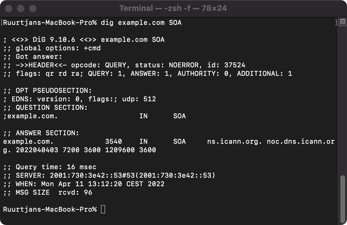 Example output of a SOA lookup query